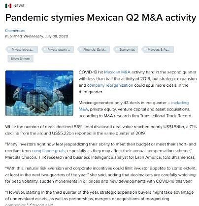 Pandemic stymies Mexican Q2 M&A activity